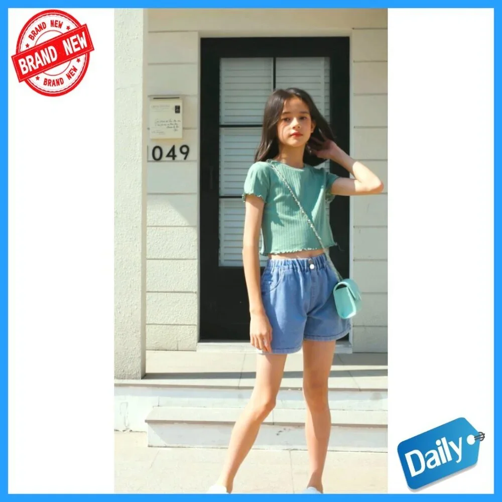 Girls 3-Pack Rib-Knit Crop Tees with Lettuce Trim Short Sleeve